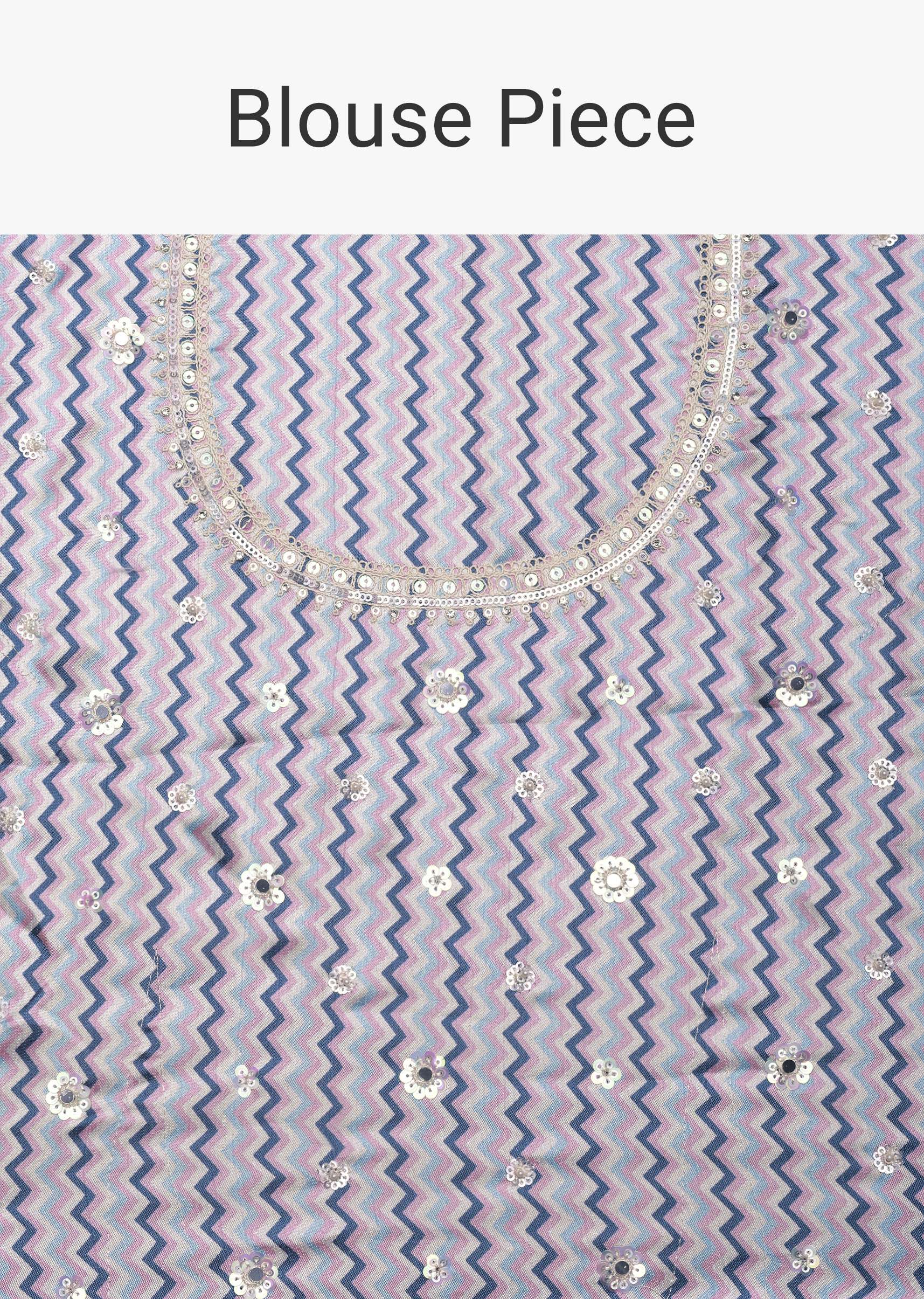 Blue Organza Striped Saree With Mirror Work And Unstitched Blouse Piece