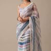 Blue Organza Striped Saree With Mirror Work And Unstitched Blouse Piece