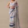 Blue Organza Striped Saree With Mirror Work And Unstitched Blouse Piece