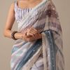 Blue Organza Striped Saree With Mirror Work And Unstitched Blouse Piece