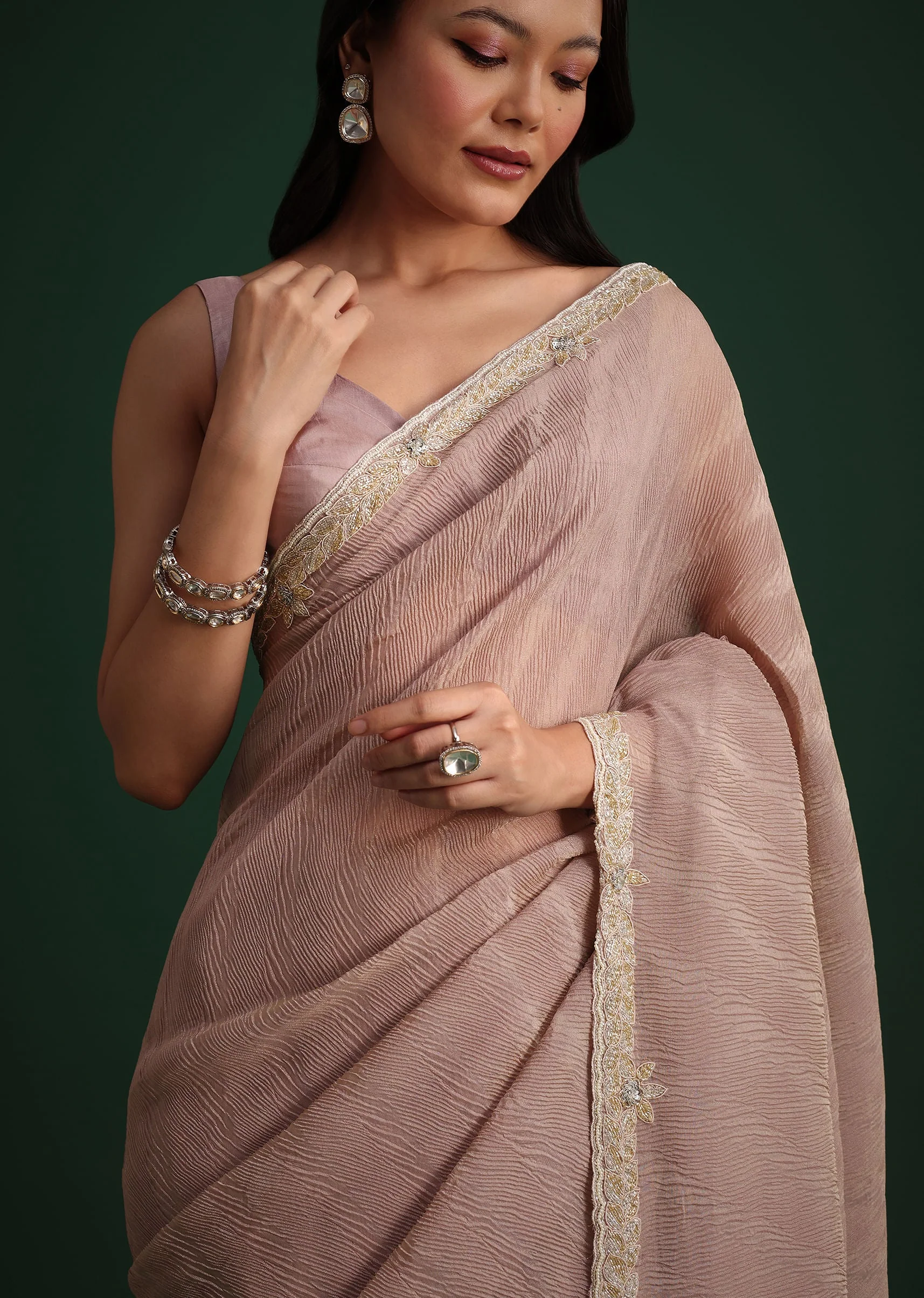 Lavendar Crushed Tissue With Cutdana Embroidered Border