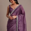 Purple Crushed Tissue Saree With Mirror And Cutdana Embellished Border
