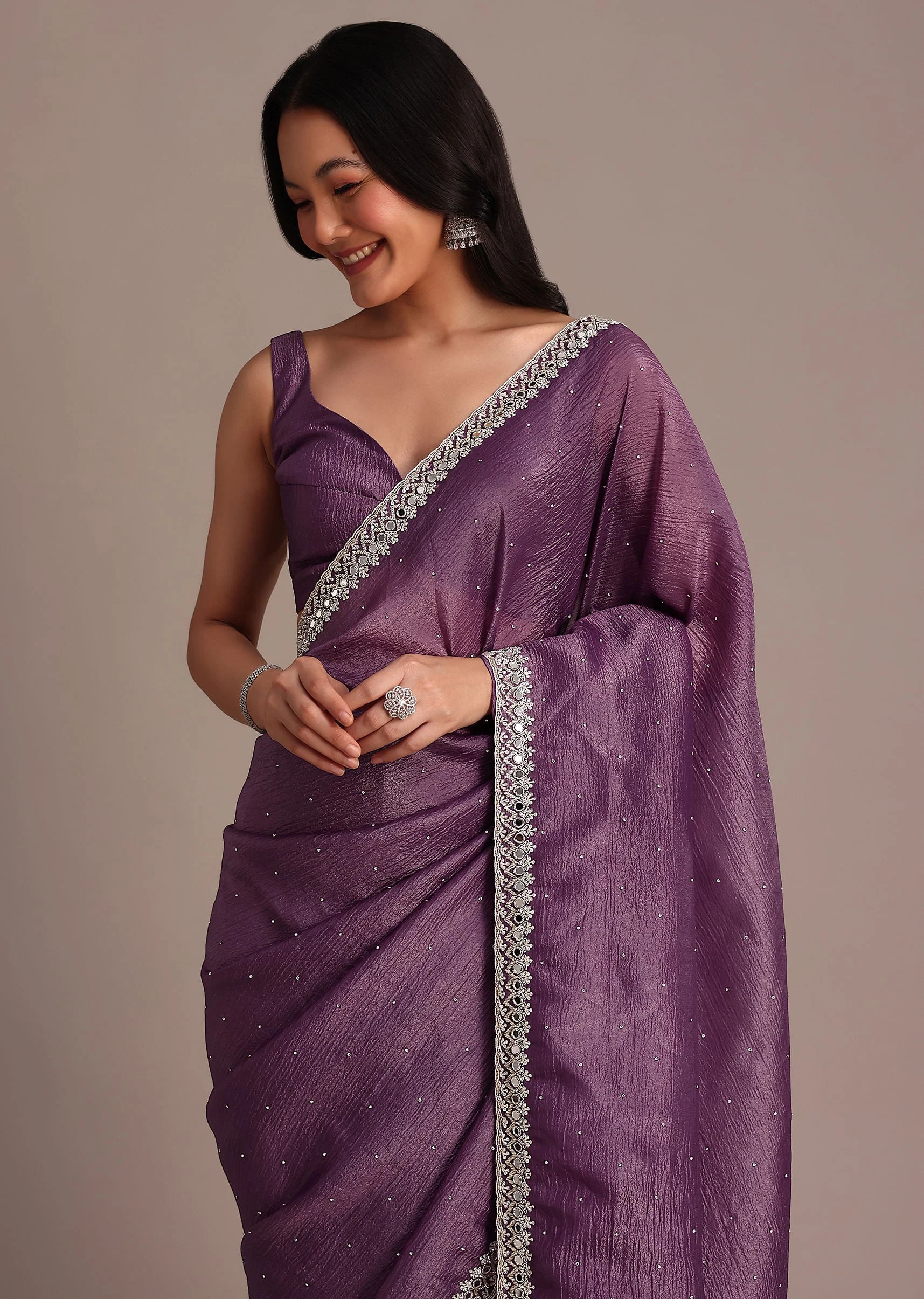 13324-purple-crushed-tissue-saree-with-mirror-and-cutdana-embellished-border-1.webp Purple Crushed Tissue Saree With Mirror And Cutdana Embellished Border