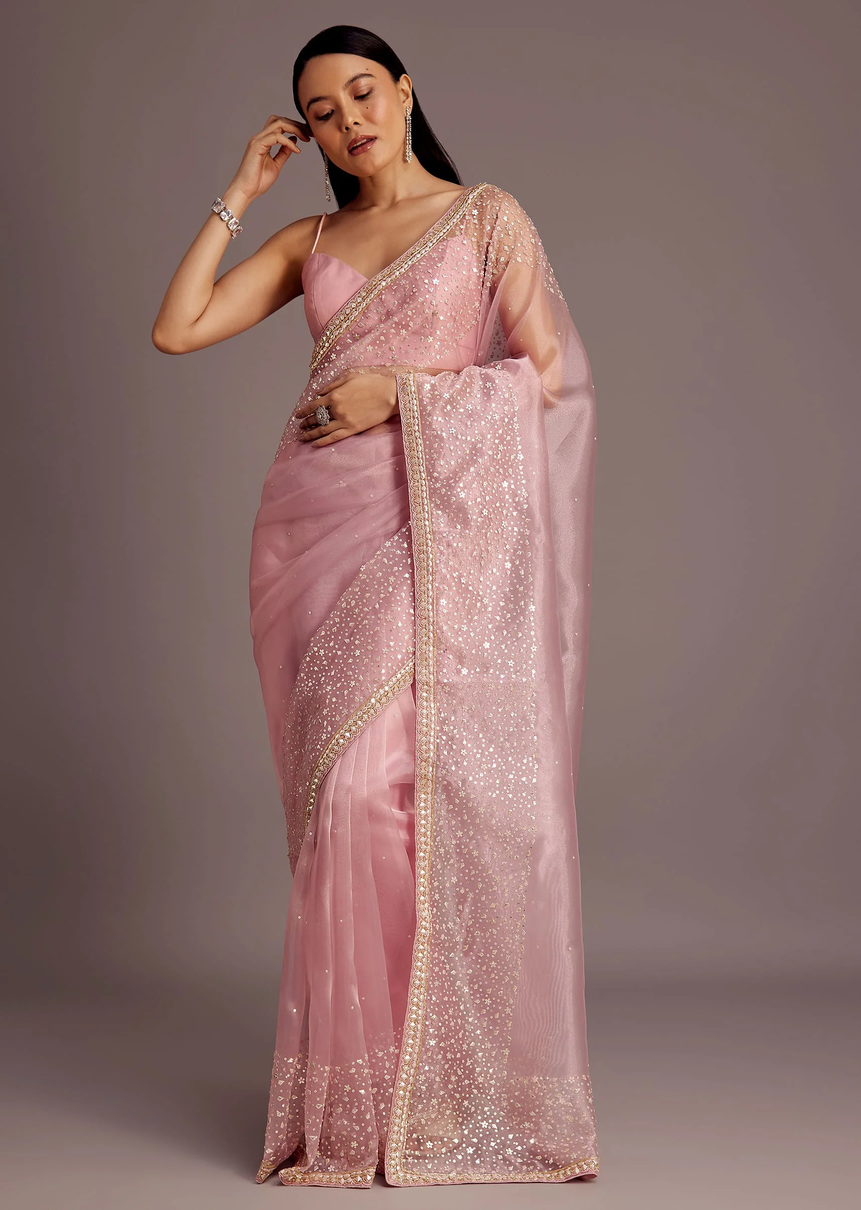 Pink Tissue Saree With Sequins Embellished Border