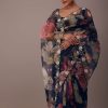 Navy blue Floral Printed Saree In Organza With Cut Dana Embroidery