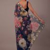 Navy blue Floral Printed Saree In Organza With Cut Dana Embroidery