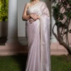 Grey Glass Tissue Silk Cutdana Work Saree With Embellished Scallop Border