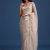 Grey Glass Tissue Silk Cutdana Work Saree With Embellished Scallop Border