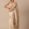 White Saree With Cutwork Scallop Border In Tussar And Unstitched Blouse Piece