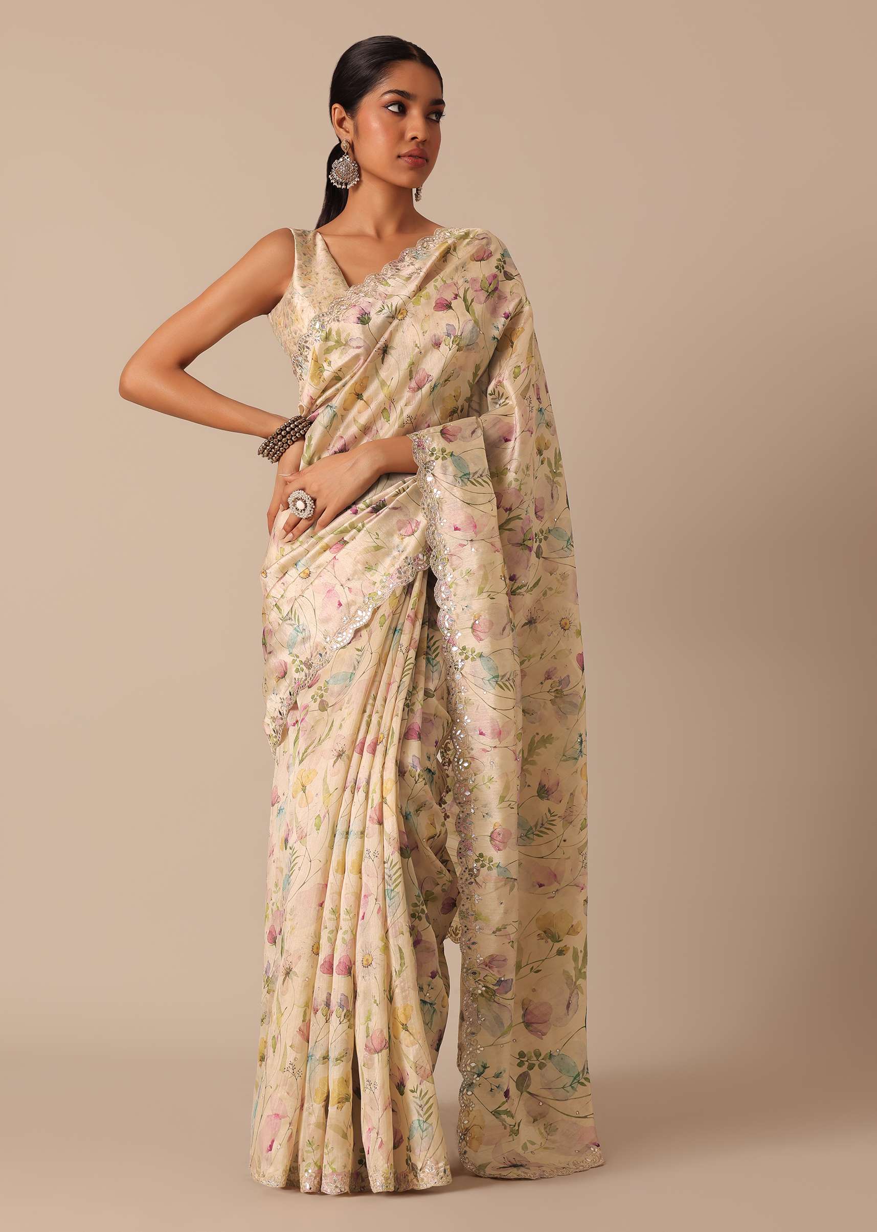 13404-white-saree-with-cutwork-scallop-border-in-tussar-and-unstitched-blouse-piece-1.jpg White Saree With Cutwork Scallop Border In Tussar And Unstitched Blouse Piece