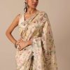 White Saree With Cutwork Scallop Border In Tussar And Unstitched Blouse Piece