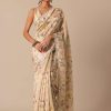 White Saree With Cutwork Scallop Border In Tussar And Unstitched Blouse Piece