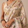 White Saree With Cutwork Scallop Border In Tussar And Unstitched Blouse Piece