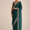 Peacock Green Crushed Tissue Saree With Cutdana And Sequin Border With Unstitched Blouse