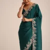 Peacock Green Crushed Tissue Saree With Cutdana And Sequin Border With Unstitched Blouse