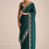 Peacock Green Crushed Tissue Saree With Cutdana And Sequin Border With Unstitched Blouse