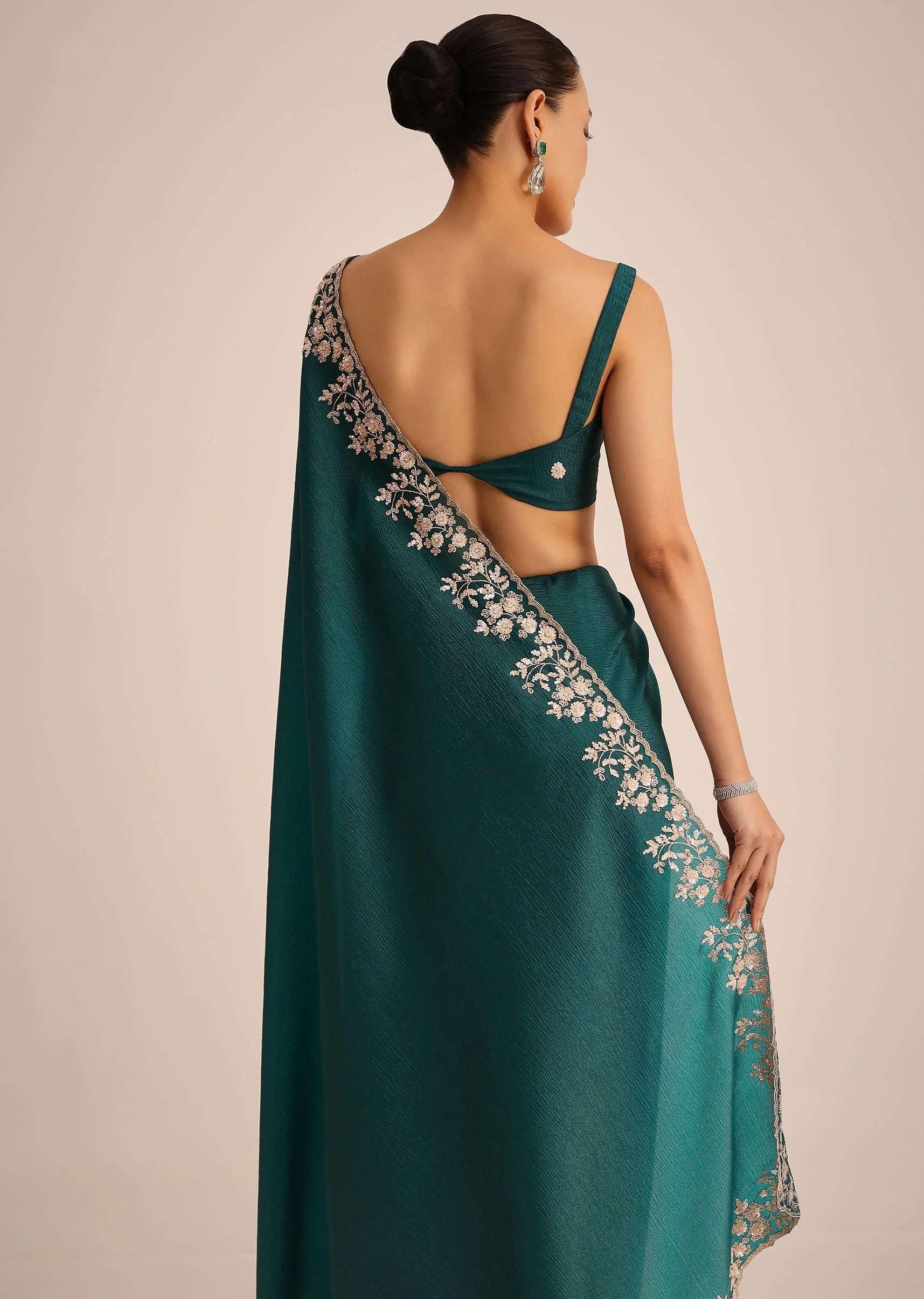 Peacock Green Crushed Tissue Saree With Cutdana And Sequin Border With Unstitched Blouse