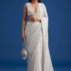 White Net Sequins Saree with Scalloped Embroidered Border