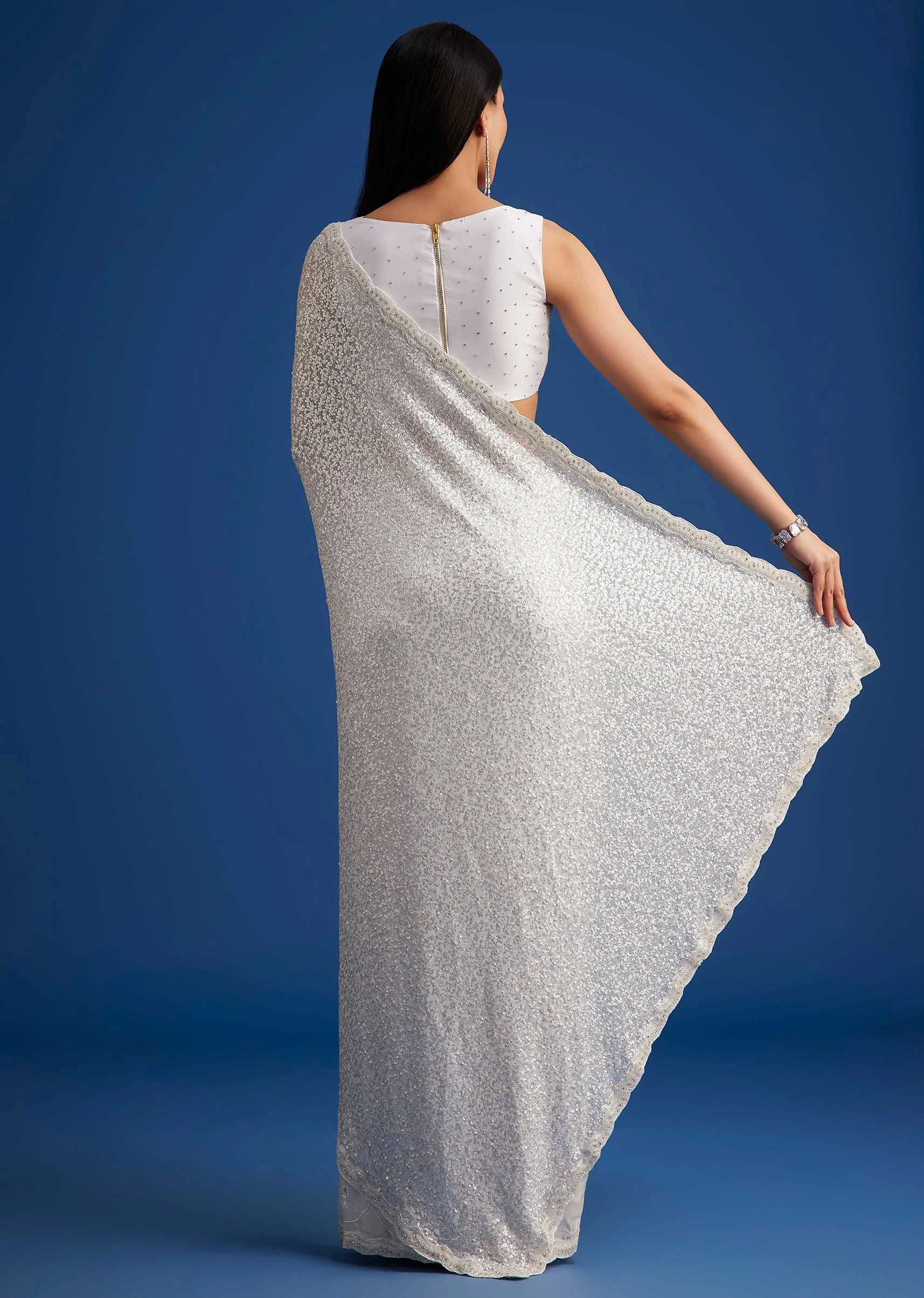 White Net Sequins Saree with Scalloped Embroidered Border