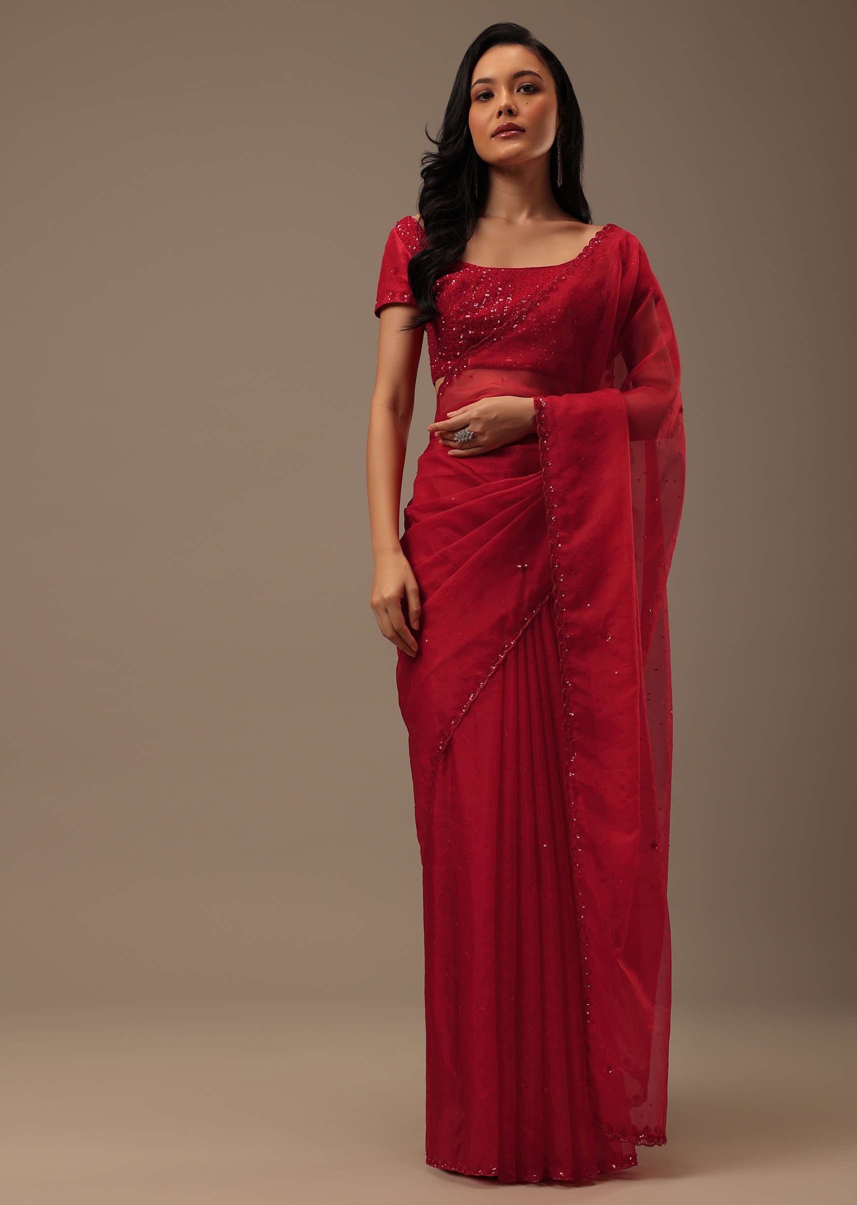 13484-cherry-red-organza-saree-with-cut-dana-and-sequins-work-1.jpg Cherry Red Organza Saree With Cut Dana And Sequins Work