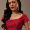 Cherry Red Organza Saree With Cut Dana And Sequins Work
