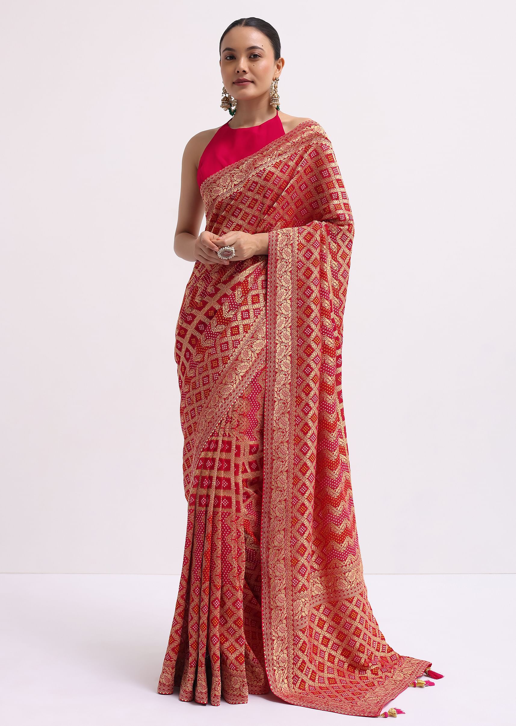 1349-hot-pink-woven-khadi-georgette-saree-with-unstitched-blouse-1.jpg Hot Pink Woven Khadi Georgette Saree With Unstitched Blouse