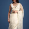 White Glass Tissue Saree With Sequin Embellishments