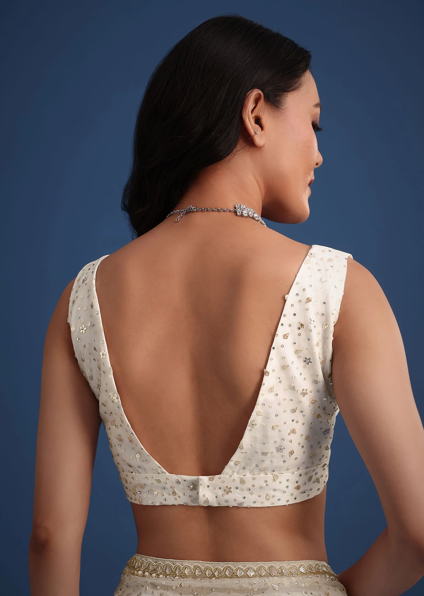 White Glass Tissue Saree With Sequin Embellishments