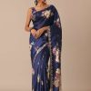 Blue Floral Print Tussar Silk Saree With Unstitched Blouse Piece