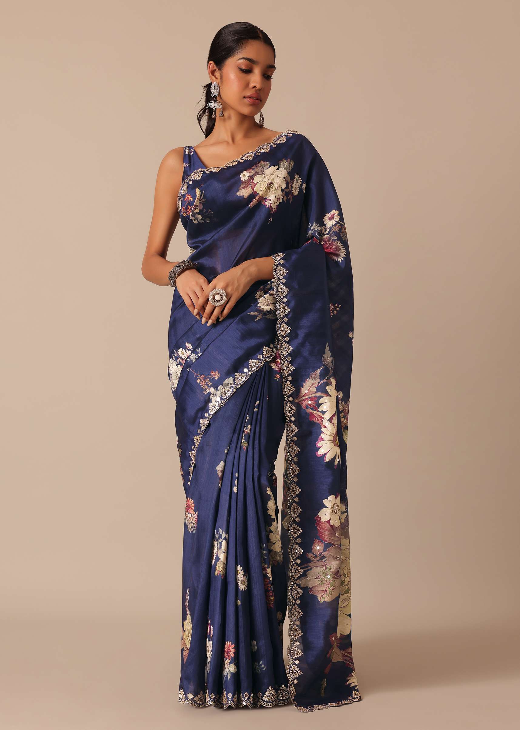 13516-blue-floral-print-tussar-silk-saree-with-unstitched-blouse-piece-1.jpg Blue Floral Print Tussar Silk Saree With Unstitched Blouse Piece