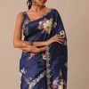 Blue Floral Print Tussar Silk Saree With Unstitched Blouse Piece