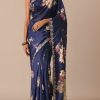 Blue Floral Print Tussar Silk Saree With Unstitched Blouse Piece