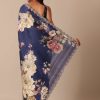 Blue Floral Print Tussar Silk Saree With Unstitched Blouse Piece