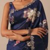 Blue Floral Print Tussar Silk Saree With Unstitched Blouse Piece