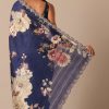 Blue Floral Print Tussar Silk Saree With Unstitched Blouse Piece