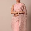 Pink Saree In Organza Silk With Chikankari Floral Work And Unstitched Blouse Fabric