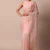 Pink Saree In Organza Silk With Chikankari Floral Work And Unstitched Blouse Fabric