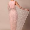 Pink Saree In Organza Silk With Chikankari Floral Work And Unstitched Blouse Fabric