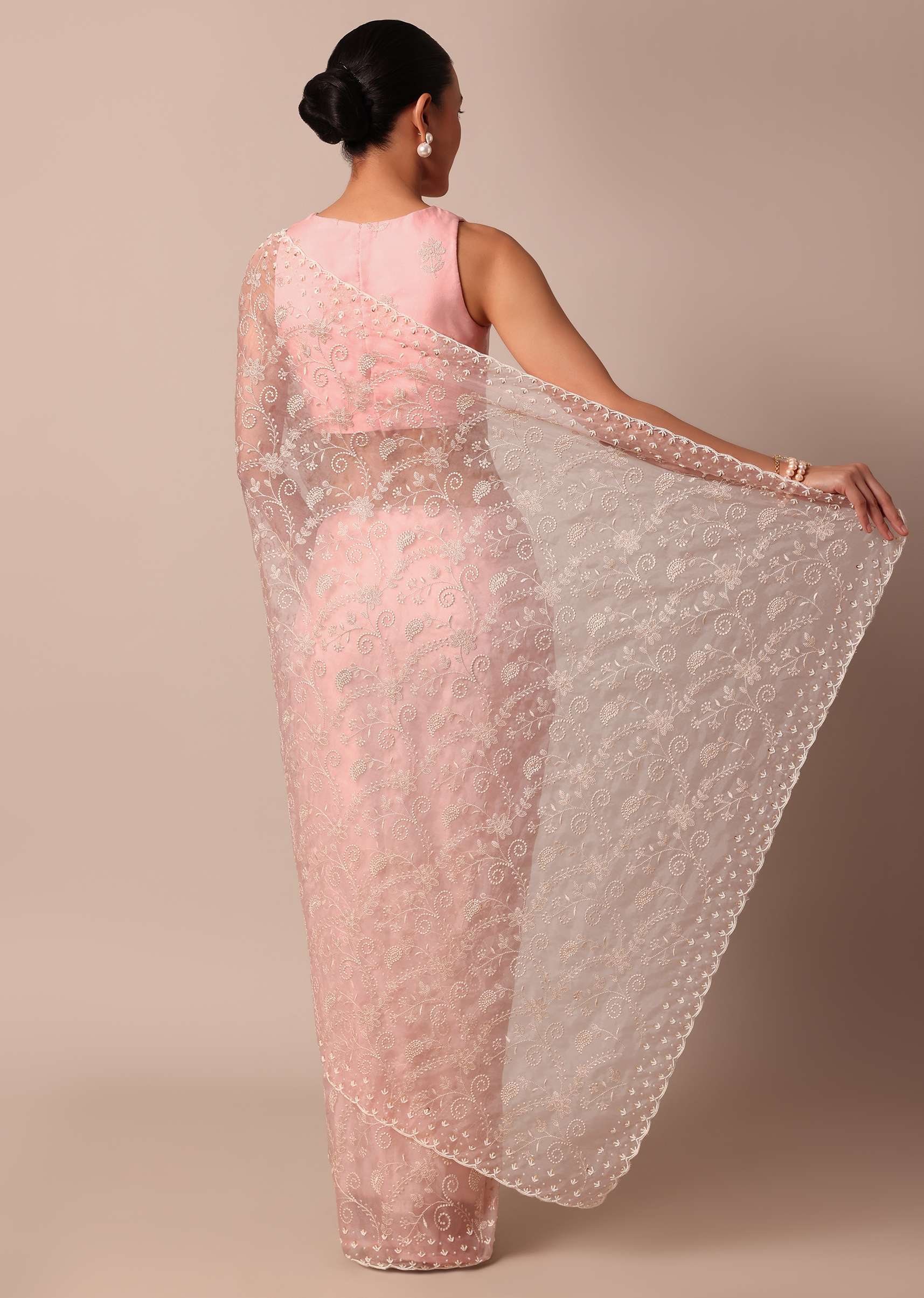 Pink Saree In Organza Silk With Chikankari Floral Work And Unstitched Blouse Fabric