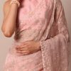 Pink Saree In Organza Silk With Chikankari Floral Work And Unstitched Blouse Fabric