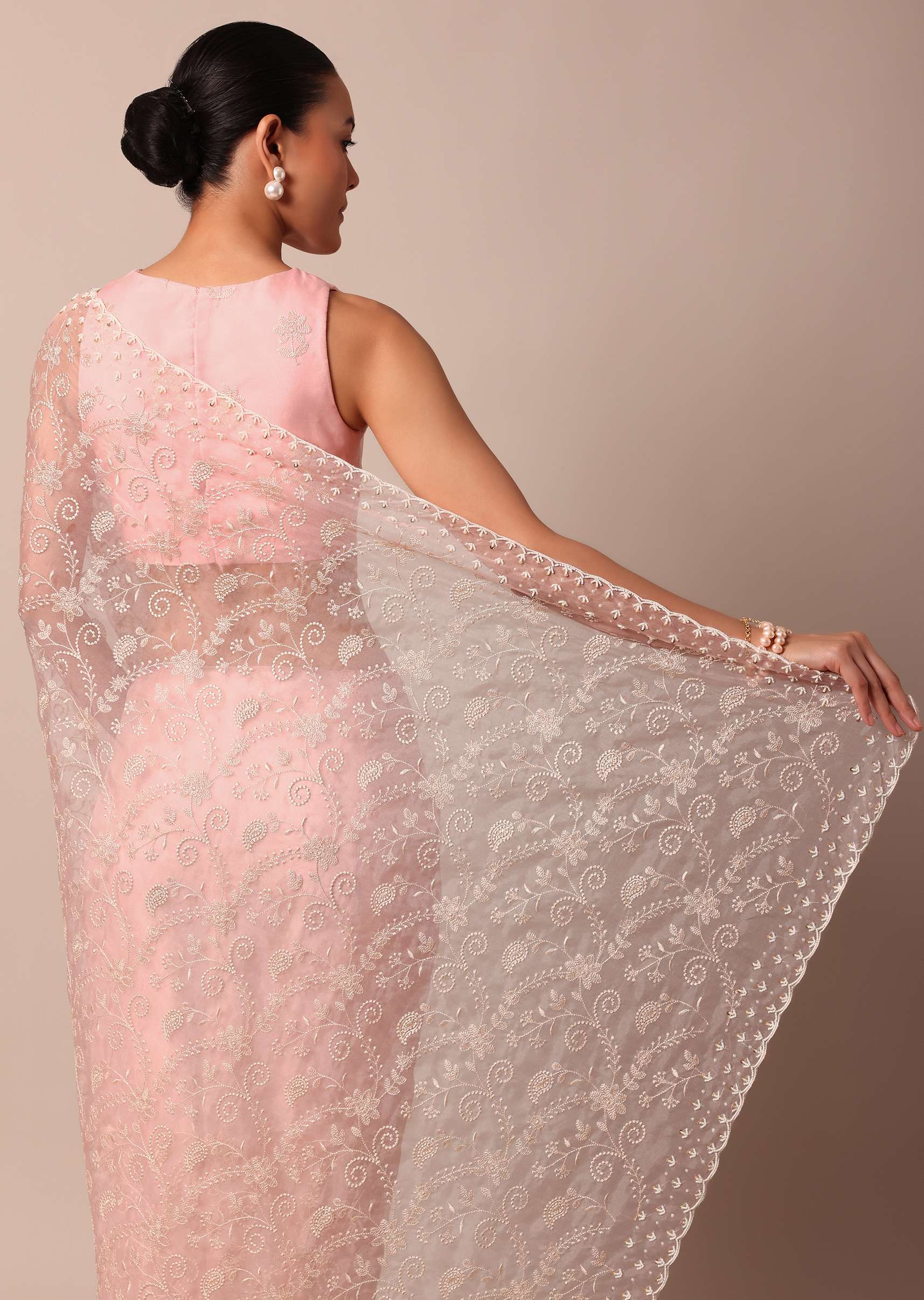 Pink Saree In Organza Silk With Chikankari Floral Work And Unstitched Blouse Fabric