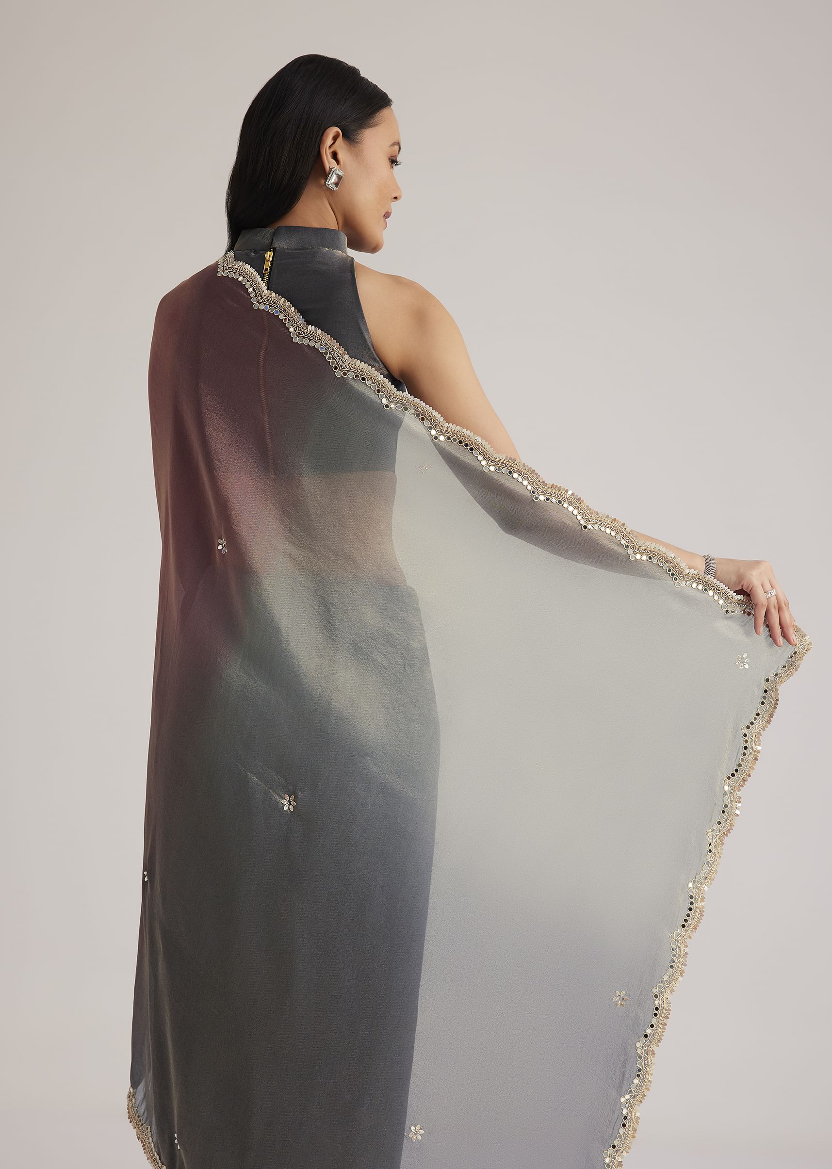 Greyish Purple Ombre Tissue Saree With Scallop Border