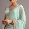 Blue Glass Tissue Saree With Cutdana Sequin And Beaded Embroidery