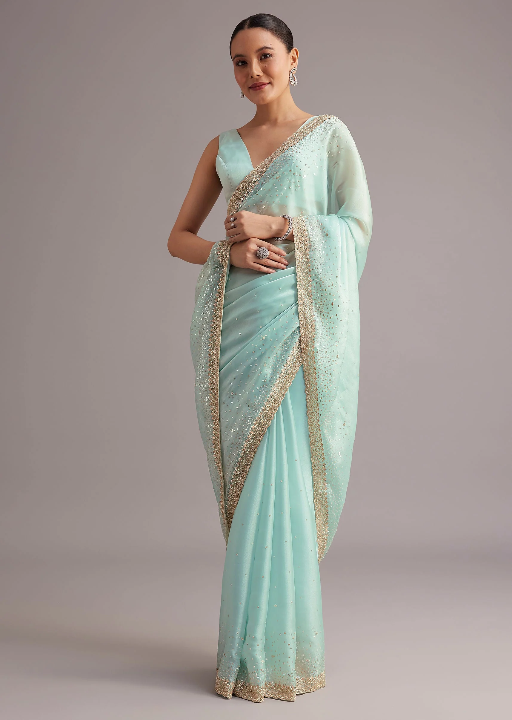 Blue Glass Tissue Saree With Cutdana Sequin And Beaded Embroidery