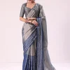 Blue And Silver Half Striped Chanderi Saree Wiith Stitched Blouse