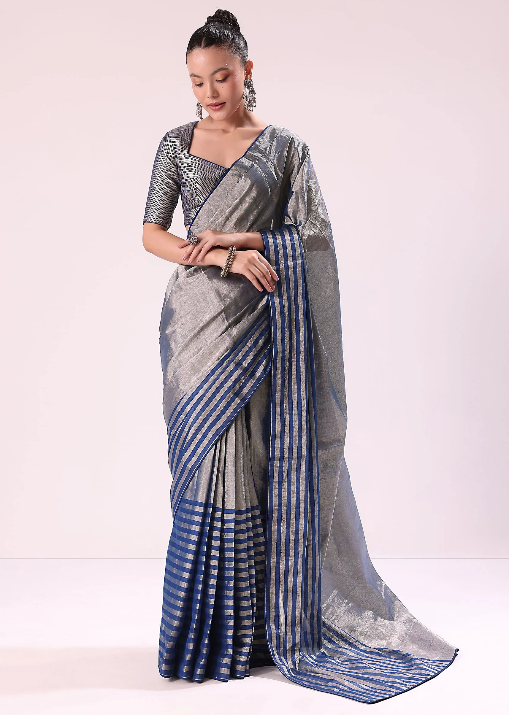 13580-blue-and-silver-half-striped-chanderi-saree-wiith-stitched-blouse-1.webp Blue And Silver Half Striped Chanderi Saree Wiith Stitched Blouse