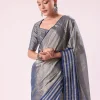Blue And Silver Half Striped Chanderi Saree Wiith Stitched Blouse