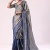 Blue And Silver Half Striped Chanderi Saree Wiith Stitched Blouse