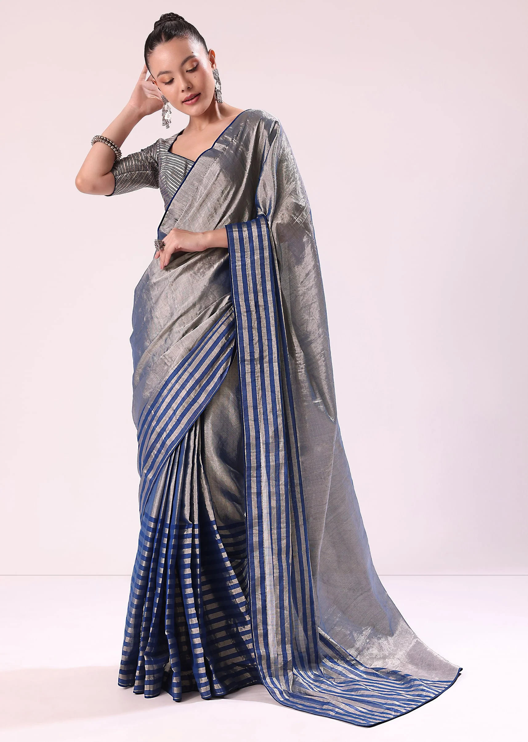 Blue And Silver Half Striped Chanderi Saree Wiith Stitched Blouse