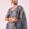 Blue And Silver Half Striped Chanderi Saree Wiith Stitched Blouse